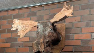 paper mache moose head hanging on a brick wall