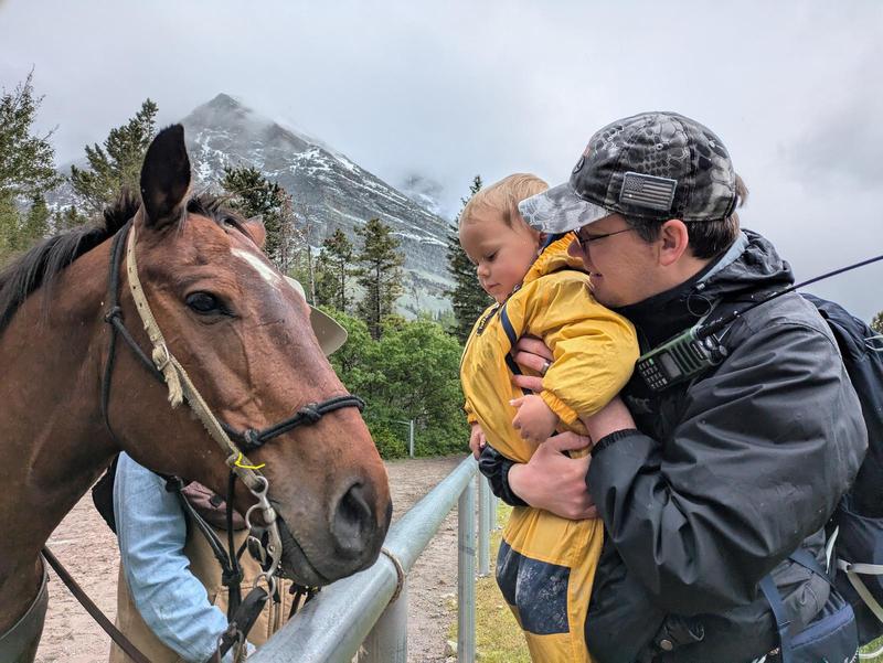 randy up a kid to look at a horse