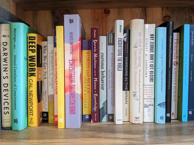 a shelf of colorful cognitive science books