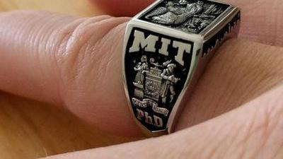 close up of an MIT brass rat class ring