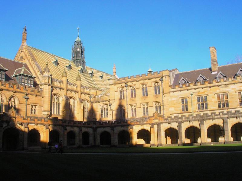 part of the Quadrangle at Sydney University, a sandstone building in the Victorian Academic Gothic Revival style