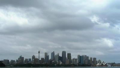 the skyline of Sydney, Australia across the water of the bay, the famous opera house on the right