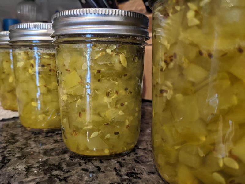 Half-pint jars of pickle relish lined up