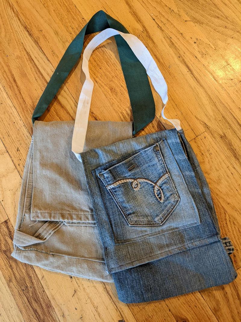 front view of two small satchels made from old jeans