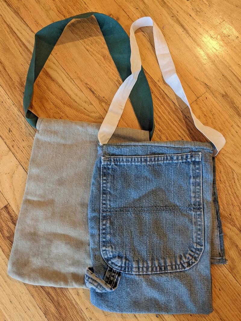 back view of two small satchels made from old jeans