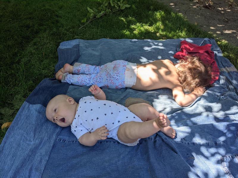 a baby and a toddler laying on a blue jean picnic blanket in the shade