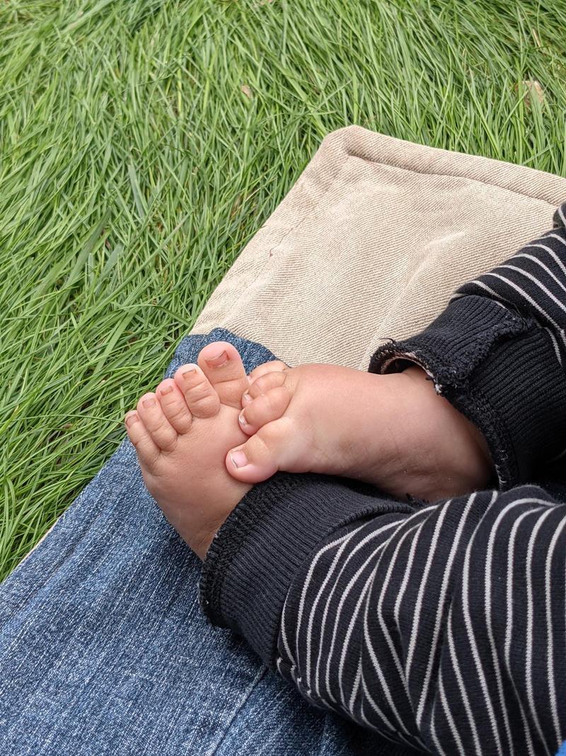 baby toes on the corner of a blue jean picnic blanket in the grass