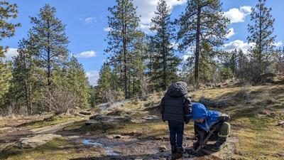 one kid standing in a mud puddle on a rocky outcrop with pine trees in the distance, another kid digging with a stick in the mud