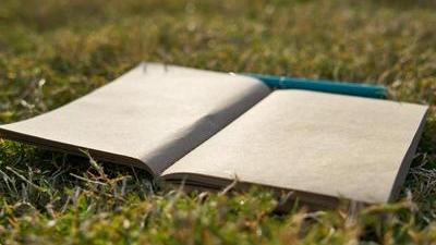 notebook laying open in the grass with a pen above it