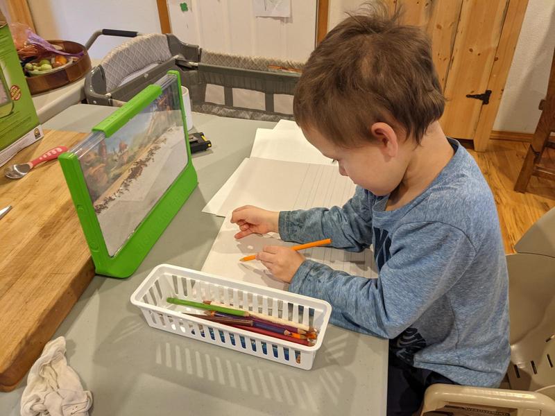 a five-year-old boy sits at a folding table, drawing with a pencil on a piece of paper, an ant farm sitting in front of him