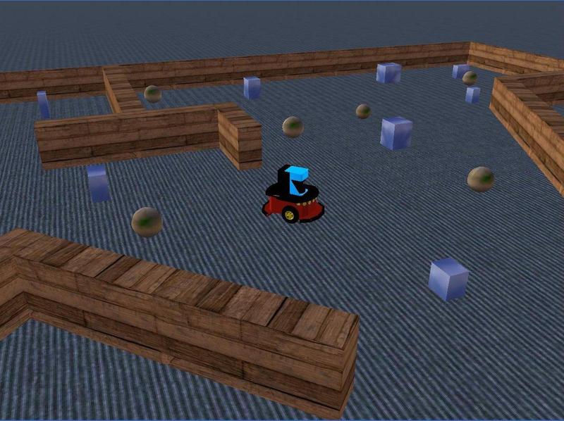 an animated robot driving in a virtual maze