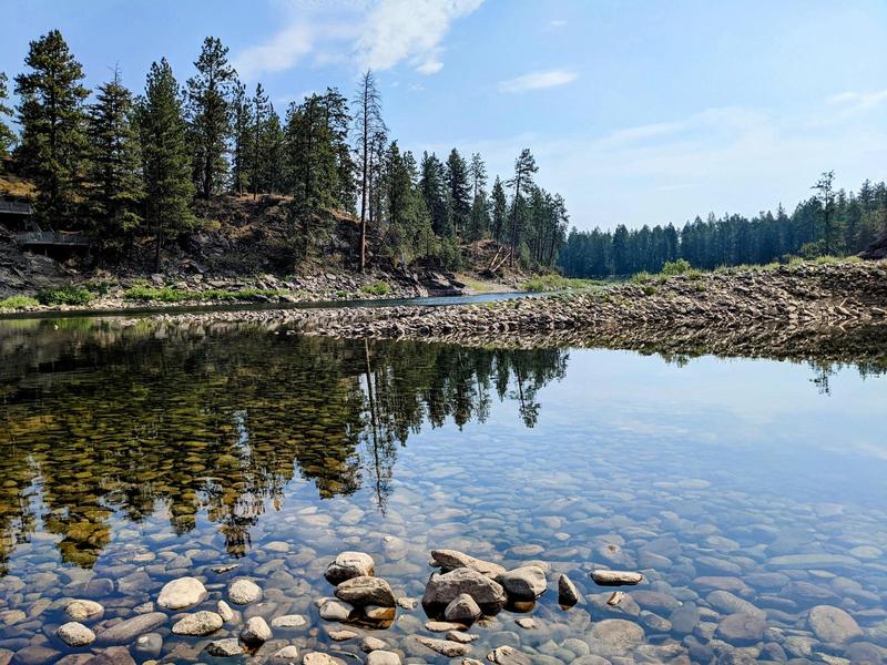 the glassy water of the spokane river winds through banks of rounded river rocks, pine trees standing tall on the far side of the river and in the distance around the river bend