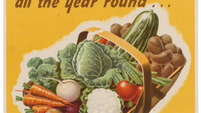 WWII propaganda poster with the words 'Your own vegetables all the year round…' above a picture of a basket of vegetables with the text 'if you dig for victory now' below'