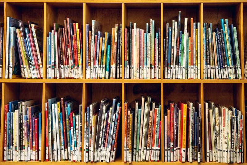 shelves of picture books at a library