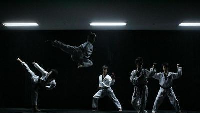 five martial artists in dramatic lighting, each kicking or jumping or holding up fists