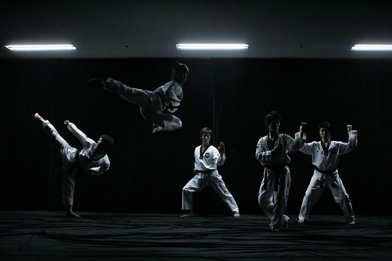 five martial artists in dramatic lighting, each kicking or jumping or holding up fists