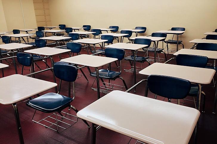 desks lined up in a classroom
