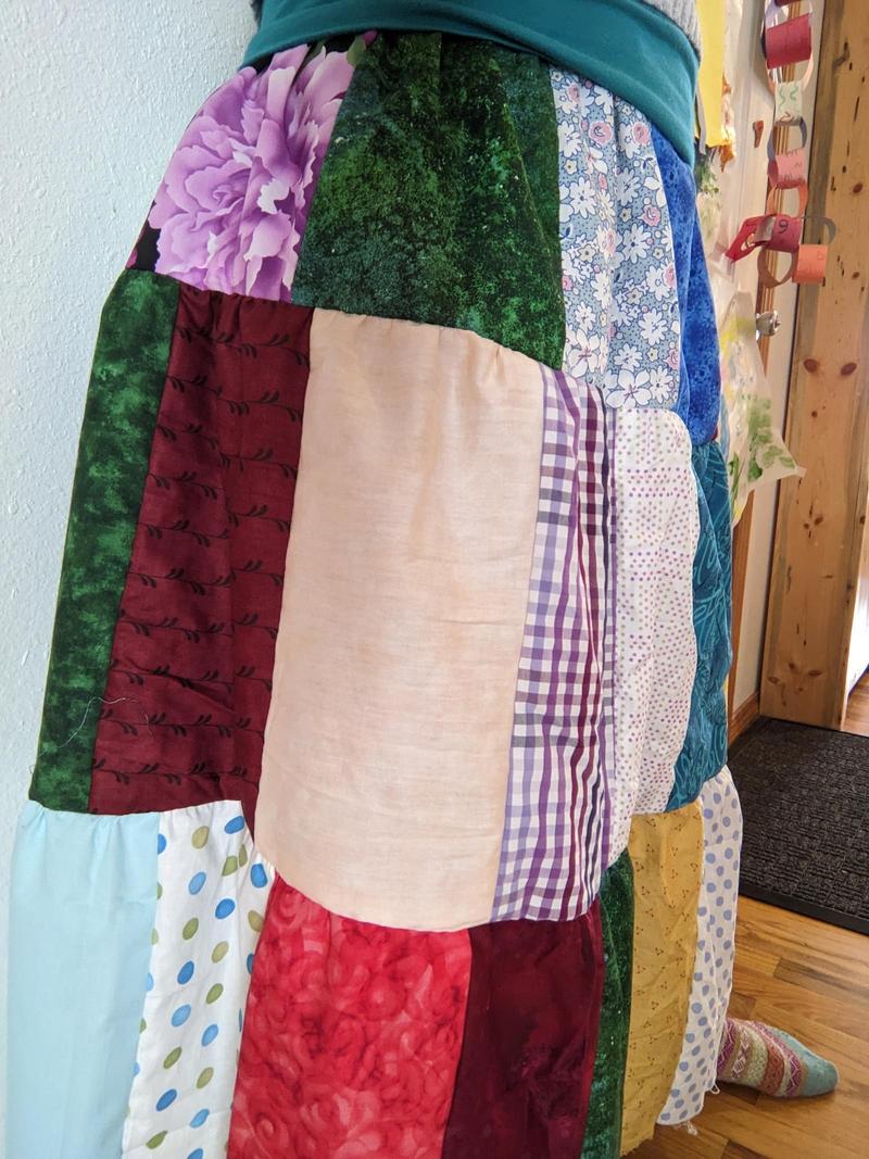 waist down view of a patchwork cotton skirt