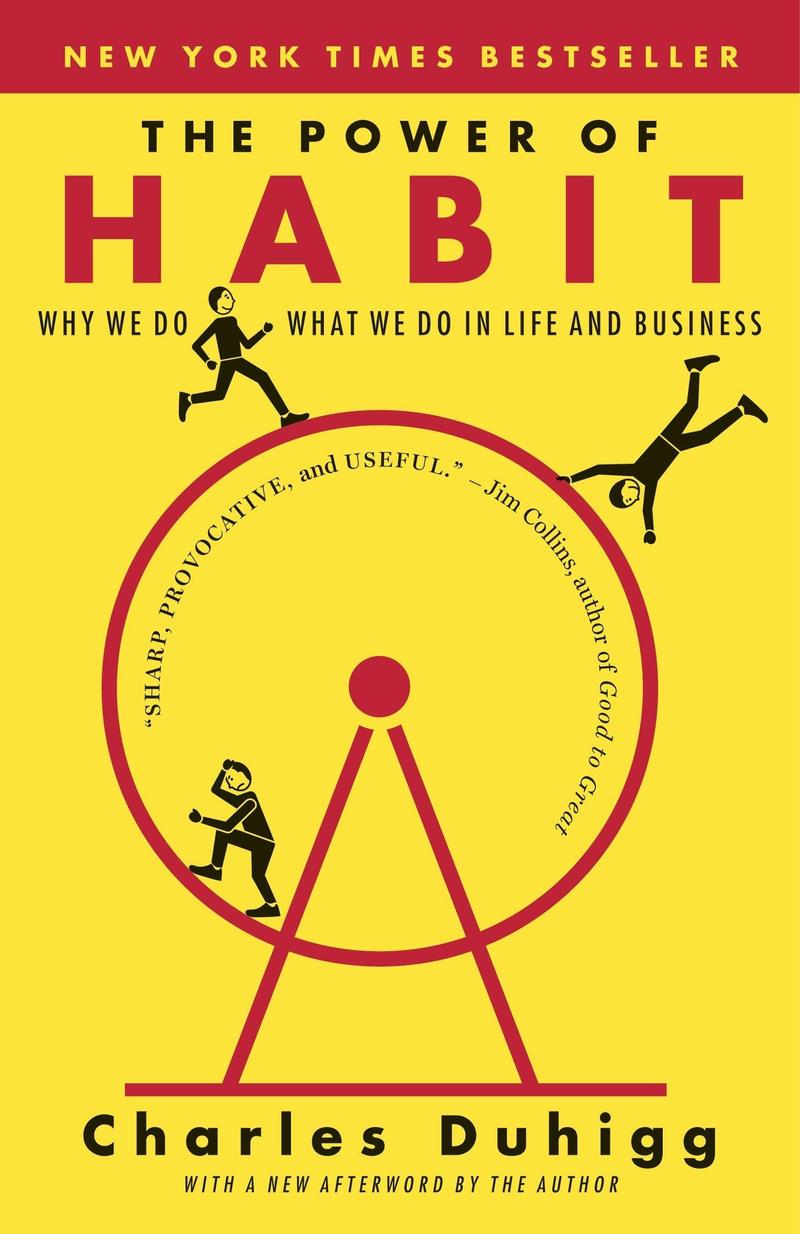 the cover of the book The Power of Habit by Charles Duhigg, featuring little people running around a stylized red hamster wheel on a constrasting yellow background