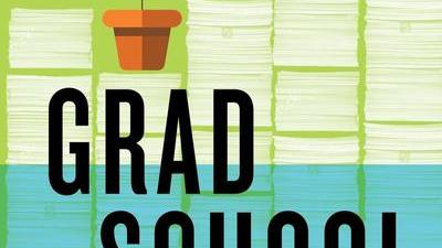 book cover for Grad School Life: Surviving and Thriving Beyond Coursework and Research by Jacqueline M. Kory-Westlund. It shows a piles of papers behind the title, with a small potted plant on top of one stack, and the bottom half of the page covered in blue as if underwater