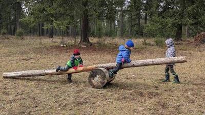 three young kids sitting and climbing on a large wood seesaw made from a tree trunk