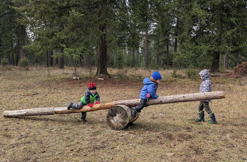 three young kids sitting and climbing on a large wood seesaw made from a tree trunk